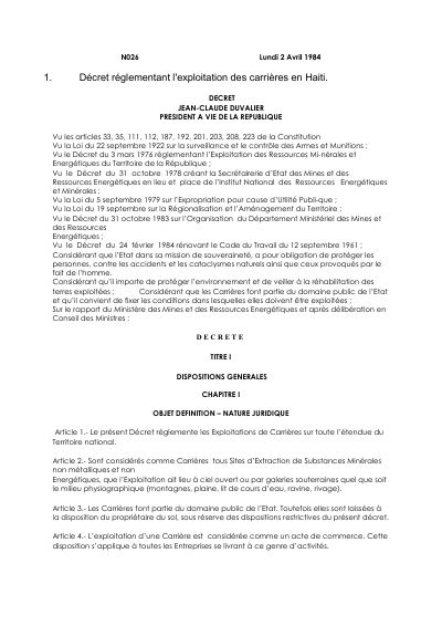 Decree of 2 April 1984 Regulating Quarry Exploitation in Haiti