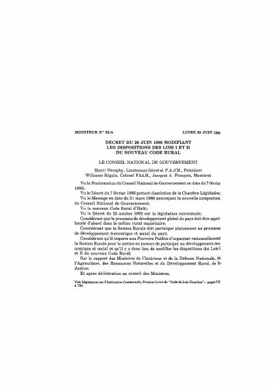 Decree of 26 June 1986 Amending Books I and II of the New Rural Code