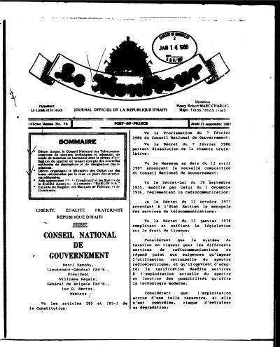 Decree of 26 June 1987 giving CONATEL technical means and setting a taxation regime for frequency use (Le Moniteur, 142nd year No. 76, 17 September 1987)