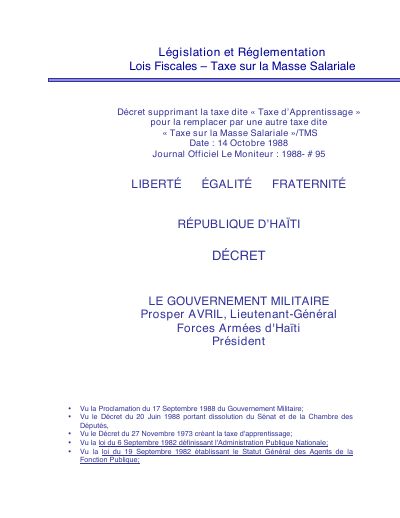 Decree of 14 October 1988 Instituting the Payroll Tax (TMS)