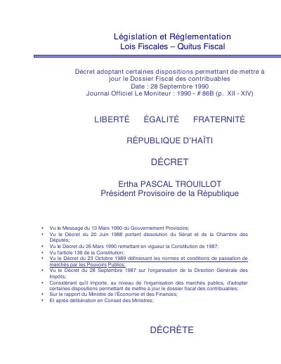 Decree of 28 September 1990 on the Tax Clearance Certificate (Quitus Fiscal)