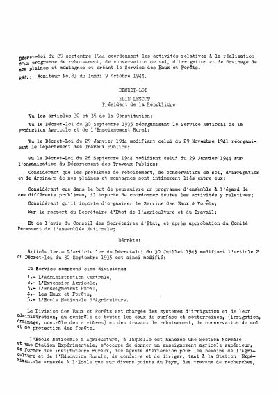 Decree-law of 29 September 1944 creating the Water and Forests Service