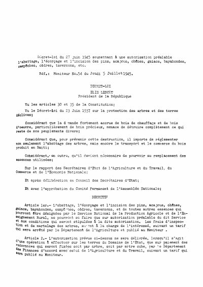 Decree-law of 27 June 1945 subjecting the felling, barking and tapping of named tree species to prior authorisation