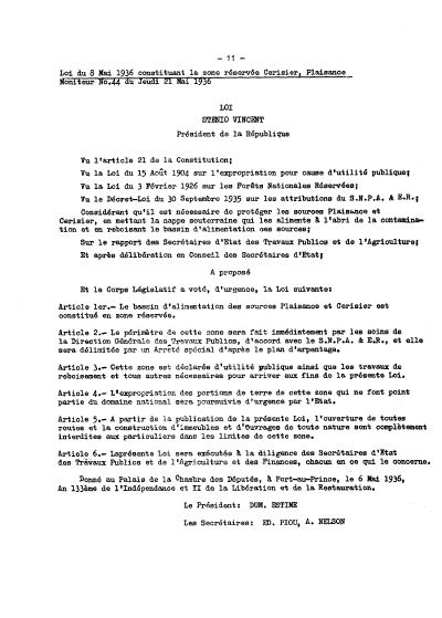 Law of 8 May 1936 constituting the Cerisier and Plaisance springs catchment a reserved zone
