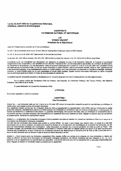 Law of 23 April 1940 on historic, artistic, natural and archaeological heritage