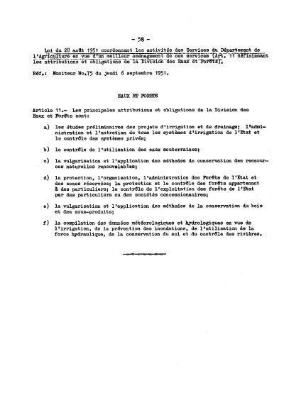 Law of 28 August 1951 coordinating the agriculture department's services and defining the Water and Forests Division's duties