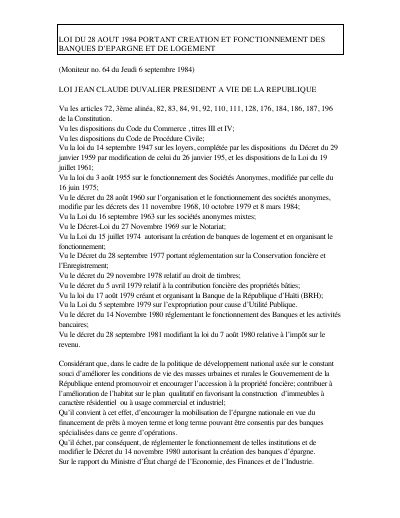 Law of 28 August 1984 Creating and Governing Savings and Housing Banks (BELS)