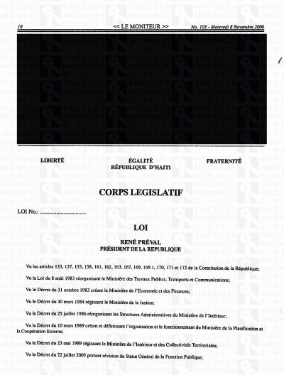 Law of 4 October 2006 Fixing the Number of Ministries at Seventeen and their Names