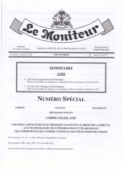 Law on Electronic Signatures and Law on Electronic Exchanges, Le Moniteur of 11 April 2017