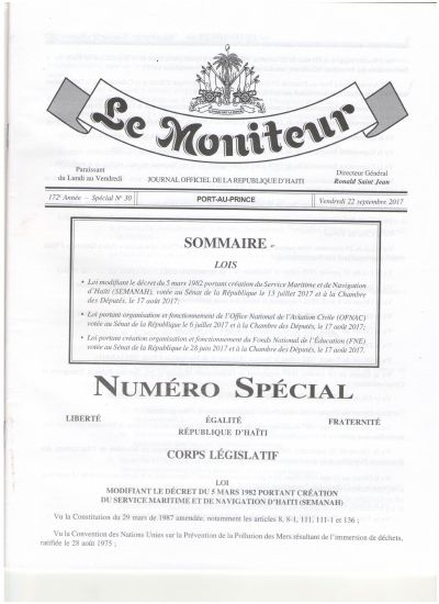 Trois lois promulguées ensemble : SEMANAH, l'Office National de l'Aviation Civile (OFNAC) et le Fonds National de l'Éducation (FNE), Le Moniteur Spécial no 30 du 22 septembre 2017