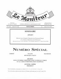 Décret sur le Numéro d'Identification Nationale Unique et la Carte d'Identification Nationale, reproduction pour erreurs matérielles (Le Moniteur, 175e année, Spécial No 9-A, 18 juin 2020)
