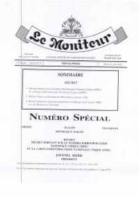 Décret portant sur le Numéro d'Identification Nationale Unique (NINU) et la Carte d'Identification Nationale Unique (CINU) (Le Moniteur, 175e année, Spécial No 9, 16 juin 2020)