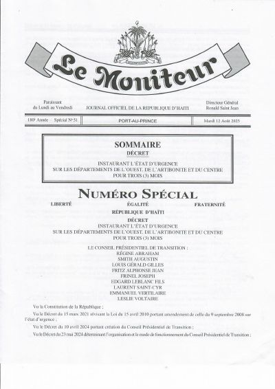 Decree Instituting a State of Emergency in the Ouest, Artibonite and Centre Departments for Three Months (Le Moniteur, Special No. 51, 12 August 2025)