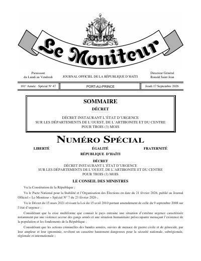 Decree Instituting a State of Emergency in the Ouest, Artibonite and Centre Departments for Three Months (Le Moniteur, Special No. 47, 17 September 2026)