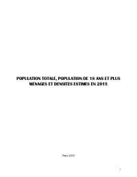 (2015) Total Population, Population Aged 18 and Over, Households and Densities Estimated for 2015