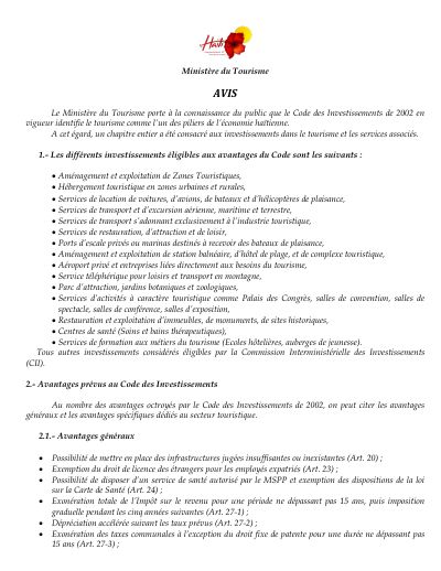 Information Notice: Investment Code Incentives for Tourism, November 2012