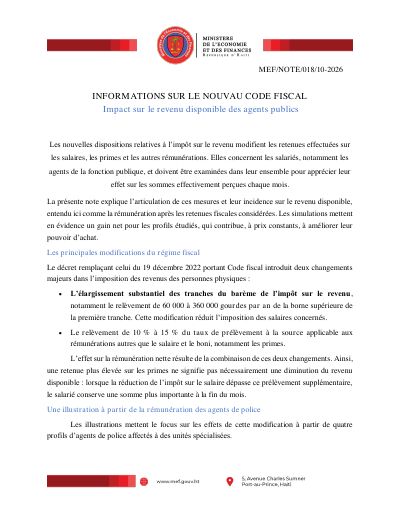 MEF/NOTE/018/10-2026 : Informations sur le nouveau Code fiscal, impact sur le revenu disponible des agents publics