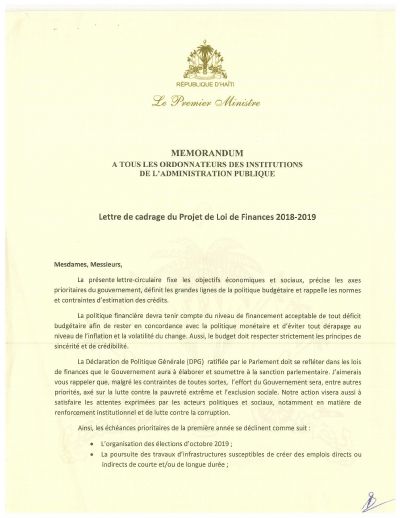 Lèt kadraj pwojè lwa finans 2018-2019, vèsyon 7 novanm 2018