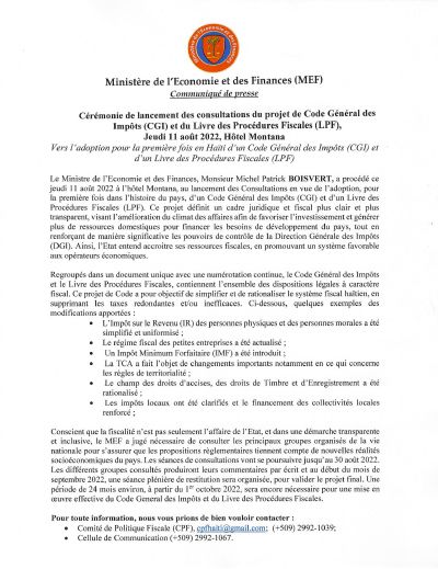 Launch of Consultations on the Draft General Tax Code and Book of Tax Procedures