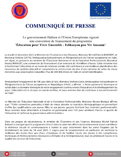 Gouvènman ayisyen an ak Inyon Ewopeyèn siyen yon konvansyon finansman pou pwogram « Éducation pour Vivre Ensemble, Edikasyon pou Viv Ansanm »