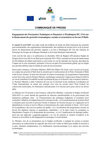 Patnè teknik ak finansye yo angaje yo nan Washington pou finanse priyorite ekonomik, sosyal ak sekirite Ayiti