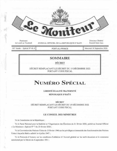 Dekrè ki ranplase Dekrè 19 desanm 2022 sou Kòd Fiskal la (Le Moniteur, Espesyal N° 48-A)