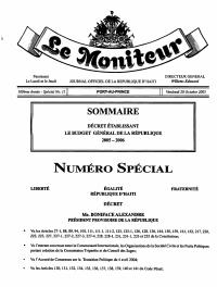 (FY2006) Dekrè ki etabli bidjè jeneral Repiblik la pou 2005-2006 (Le Moniteur, 160yèm ane, Espesyal No 11, 28 oktòb 2005)