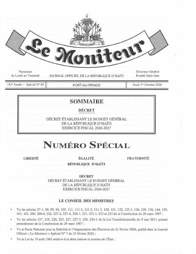 Décret établissant le Budget Général de la République d'Haïti, exercice fiscal 2026-2027