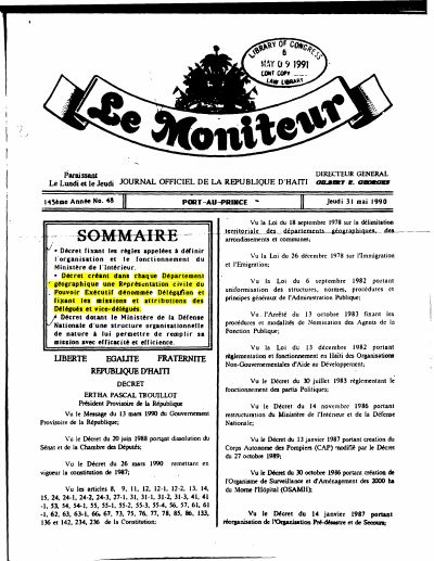 Le Moniteur, 145yèm Ane No. 48, 31 me 1990: dekrè sou Ministè Enteryè, Delegasyon depatmantal yo ak Ministè Defans nasyonal