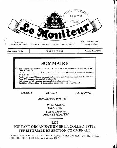 Le Moniteur, 151yèm Ane No. 24, 4 avril 1996: lwa ki òganize kolektivite teritoryal seksyon kominal