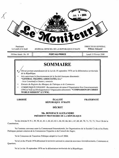 Le Moniteur, 161yèm Ane No. 16, 13 fevriye 2006: dekrè ki amande Lwa 18 septanm 1978 sou delimitasyon teritoryal Repiblik la