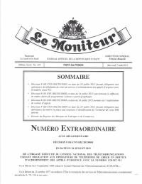(2013-08) Le Moniteur, 168yèm Ane No. 144, 7 out 2013: kat desizyon CONATEL 24 jiyè 2013 sou apèl dijans, difizyon pwogram vyolan ak pònografik, sant apèl, ak idantifikasyon moun k ap achte kat SIM