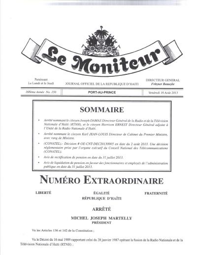 OE-CNT-DEC20130005: CONATEL decision of 2 August 2013 requiring telephone and internet operators to report monthly traffic and statistical data (Le Moniteur, 168th year No. 150, 16 August 2013)