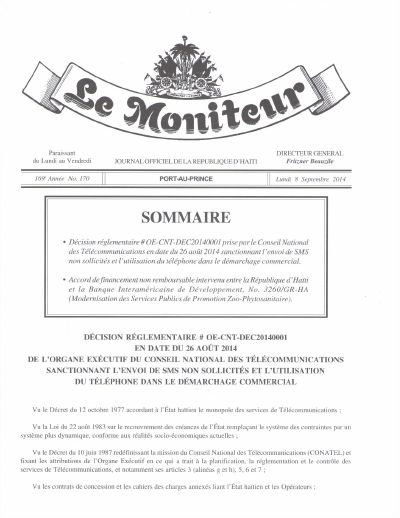 OE-CNT-DEC20140001: CONATEL decision of 26 August 2014 on unsolicited SMS and telephone cold calling (Le Moniteur, 169th year No. 170, 8 September 2014)