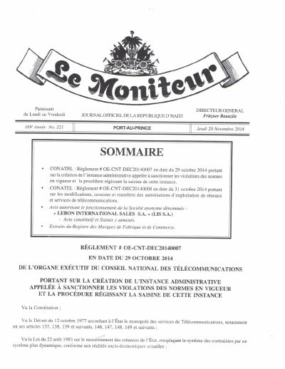 OE-CNT-DEC20140007 and OE-CNT-DEC20140008: CONATEL regulations creating a sanctions committee and governing changes, assignments and transfers of operating licences (Le Moniteur, 169th year No. 221, 20 November 2014)
