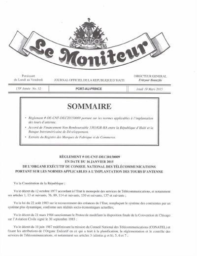 OE-CNT-DEC20150009: CONATEL regulation of 16 January 2015 on standards for antenna tower installation (Le Moniteur, 170th year No. 52, 19 March 2015)