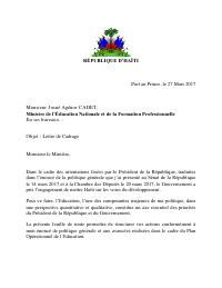 (2017-03-27) Framing letter for the Ministry of National Education and Vocational Training (Josué Agénor Cadet)