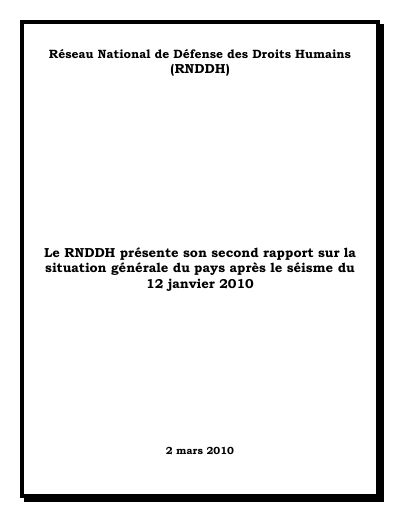 Second RNDDH report on the general situation of the country after the earthquake of 12 January 2010