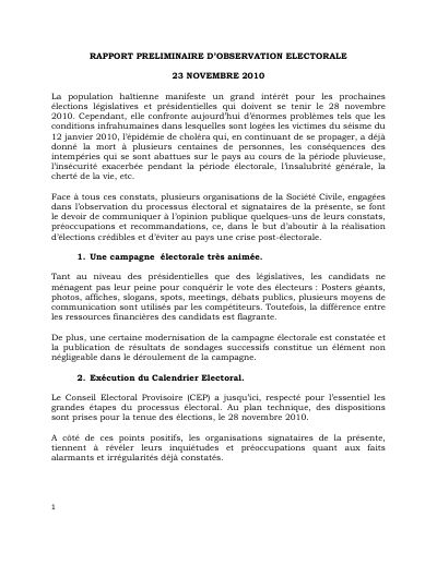 Preliminary election observation report, 23 November 2010