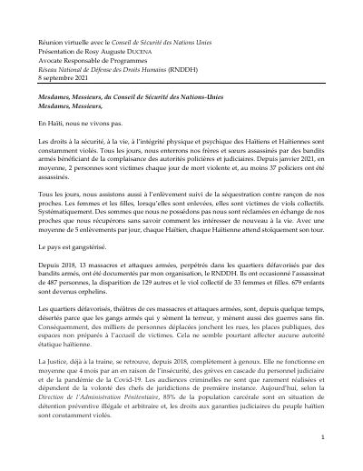 Oral statement to the United Nations Security Council briefing on Haiti, 8 September 2021
