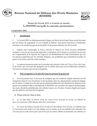 The earthquake of 14 August 2021 and the escapes that followed: the RNDDH calls on the prison authorities