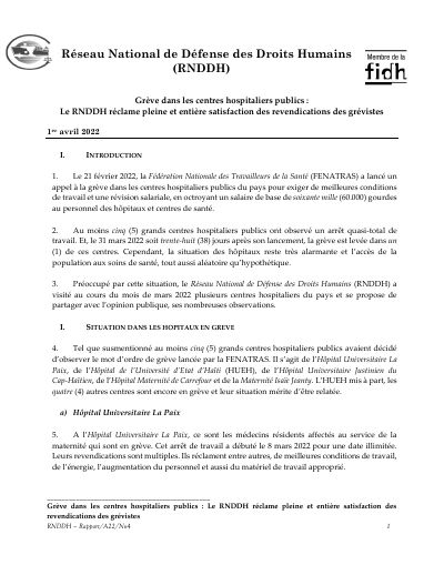 Strike in the public hospitals: the RNDDH demands that the strikers' claims be met in full