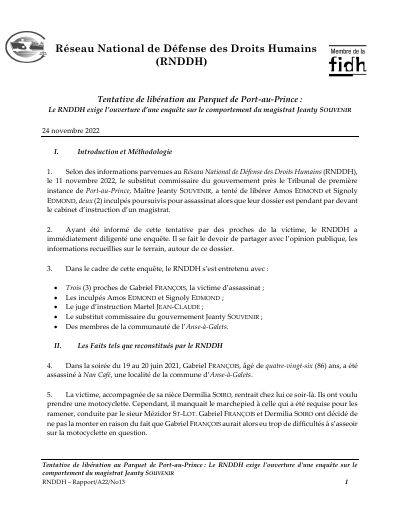 Attempted release at the Port-au-Prince prosecutor's office: the RNDDH demands an inquiry into a magistrate's conduct