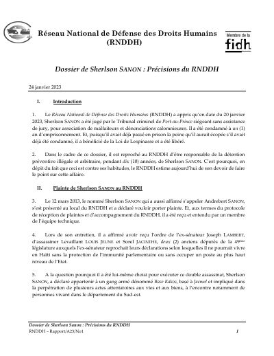 The Sherlson Sanon case: clarifications from the RNDDH