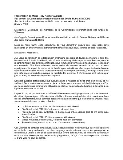 Statement to the Inter-American Commission on Human Rights on the situation of women in Haiti, 186th session