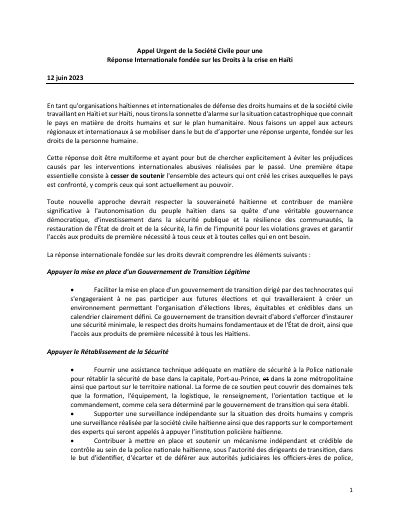 Urgent civil society call for a rights-based international response to the crisis in Haiti