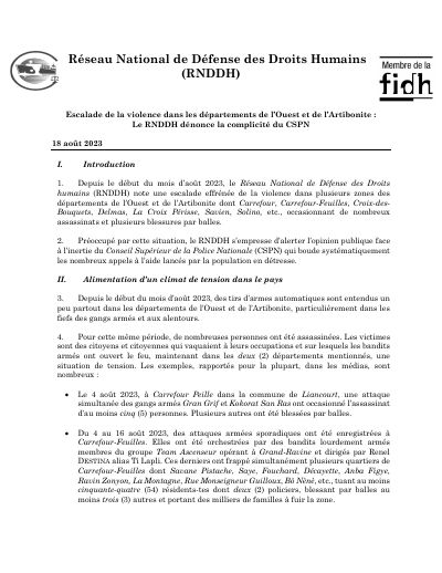 Escalating violence in the Ouest and the Artibonite: the RNDDH denounces the complicity of the CSPN