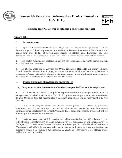The RNDDH's position on the chaotic situation in Haiti