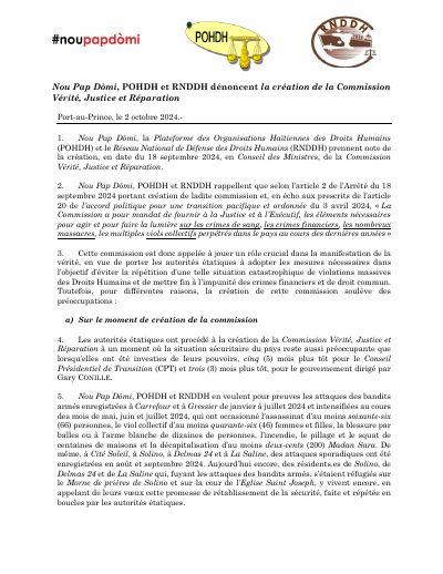 Nou Pap Dòmi, POHDH and the RNDDH object to the creation of the Truth, Justice and Reparation Commission