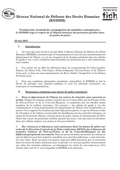 Overcrowding, insalubrity and the spread of contagious disease: the RNDDH demands respect for the dignity of people held in police stations